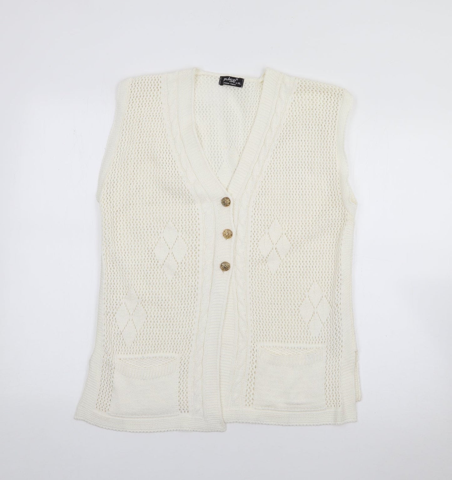 Pulse Womens White V-Neck  Acrylic Cardigan Jumper Size L