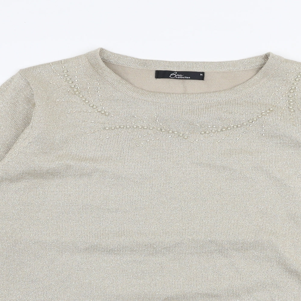 BM Collection Womens Gold Round Neck  Acrylic Pullover Jumper Size M