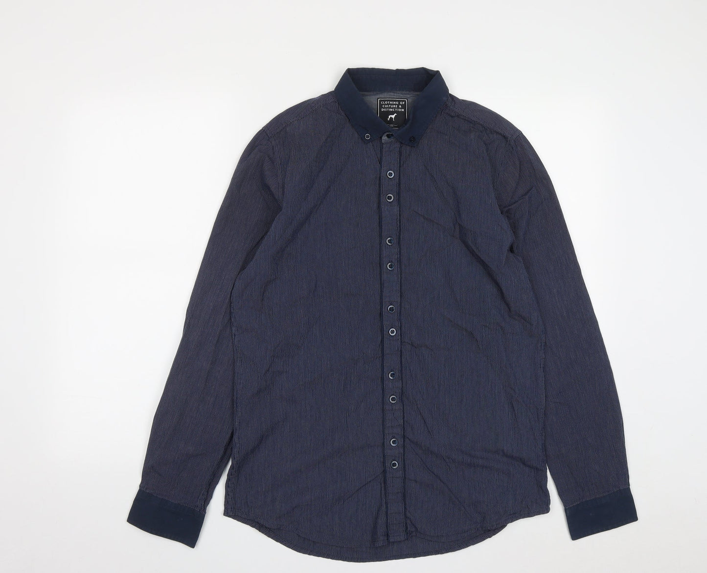 New Look Mens Blue Striped Cotton  Button-Up Size M Collared Button