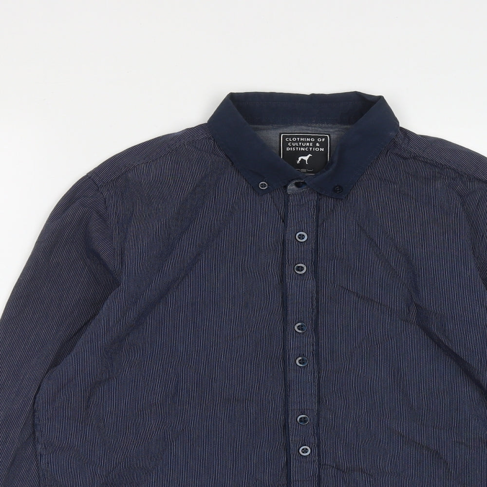 New Look Mens Blue Striped Cotton  Button-Up Size M Collared Button
