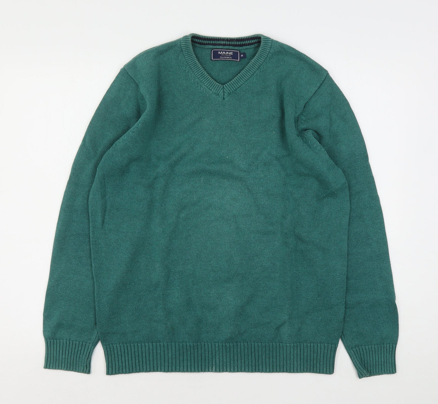 Maine New England Mens Green V-Neck  Cotton Pullover Jumper Size M