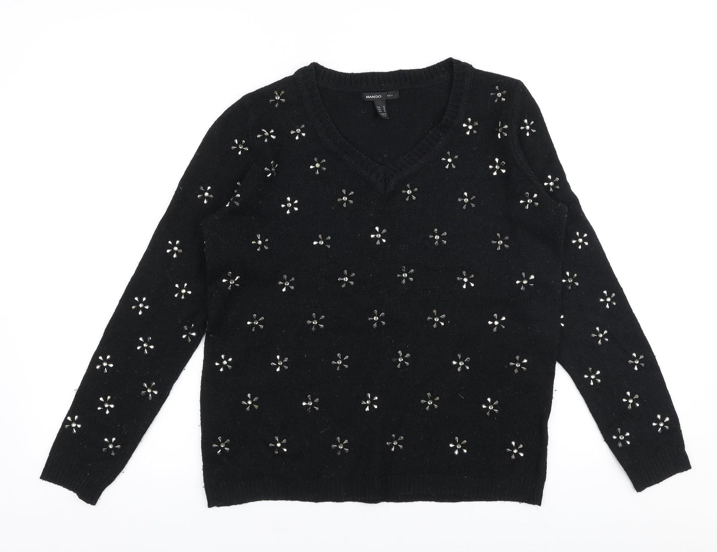 Mango Womens Black Round Neck  Polyester Pullover Jumper Size M