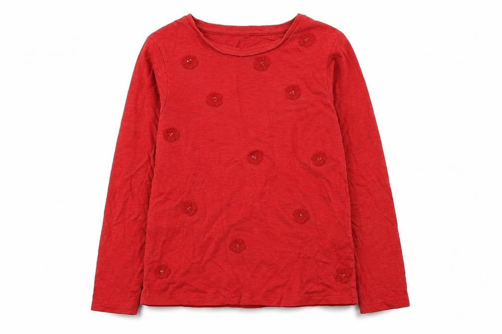Dunnes Girls Red  Cotton Basic T-Shirt Size 9 Years Roll Neck Pullover - Flower