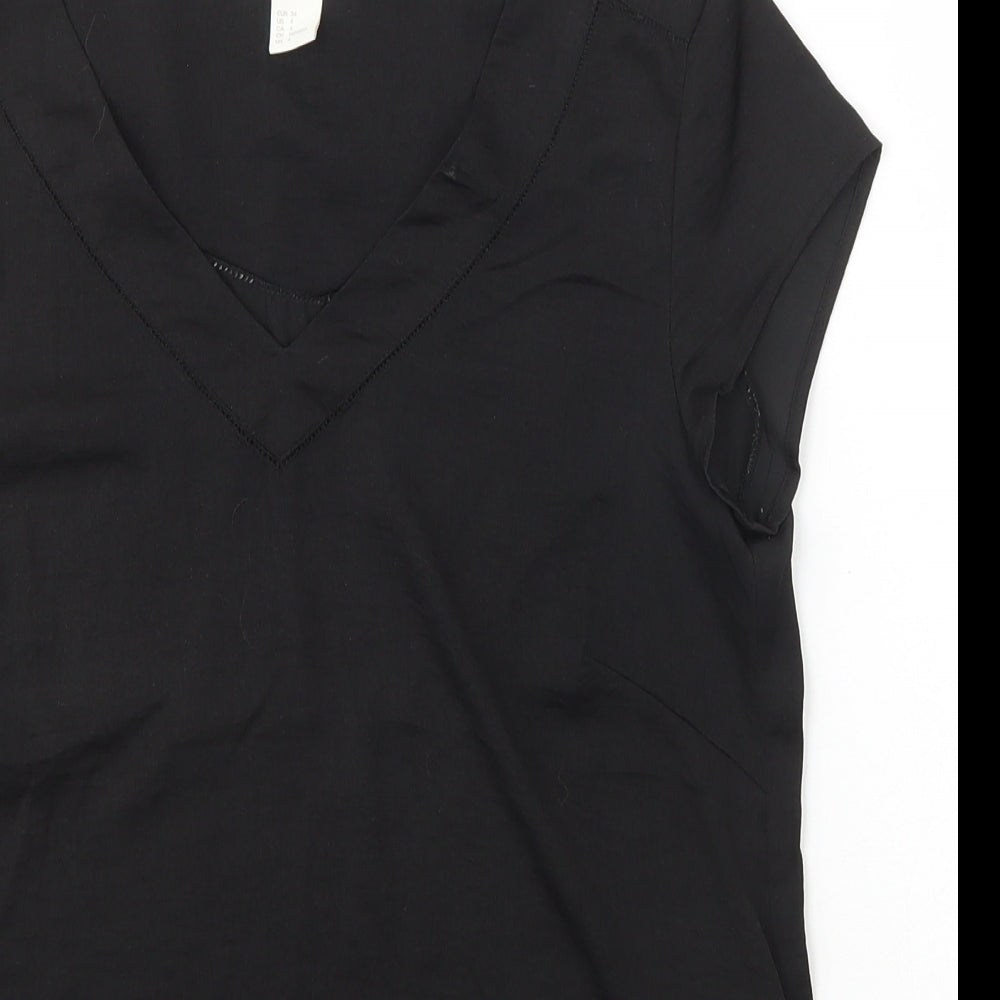H&M Womens Black  Polyester Basic T-Shirt Size 34 V-Neck