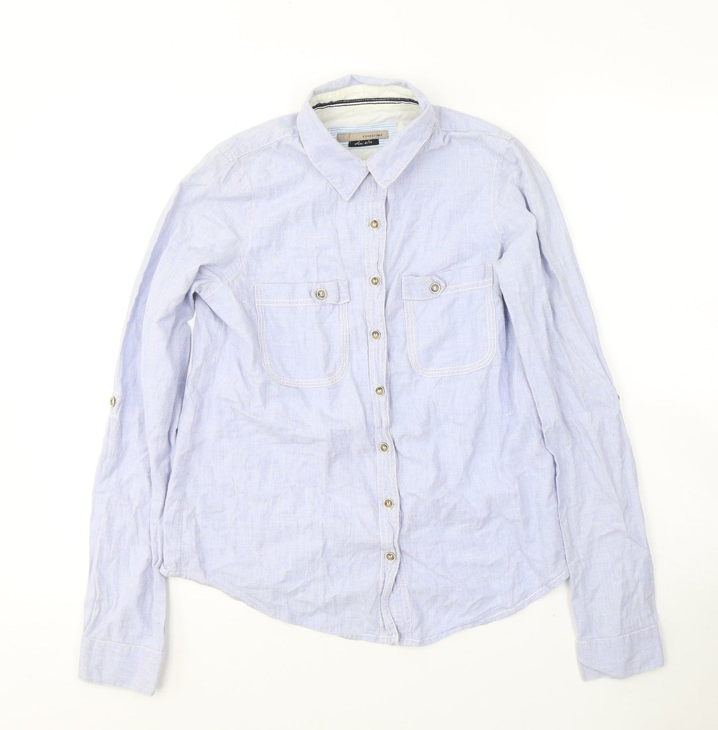 River Island Womens Blue  Cotton Basic Button-Up Size 8 Collared