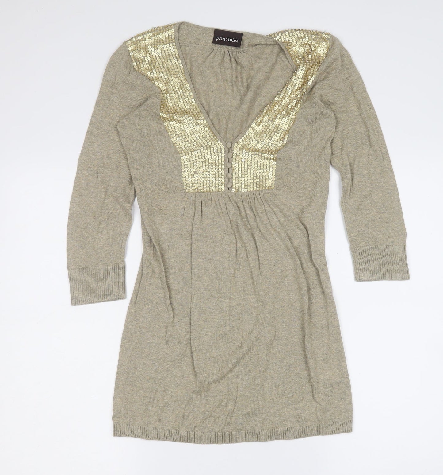 Principles Womens Gold Geometric Cotton Skater Dress  Size 10  V-Neck Button