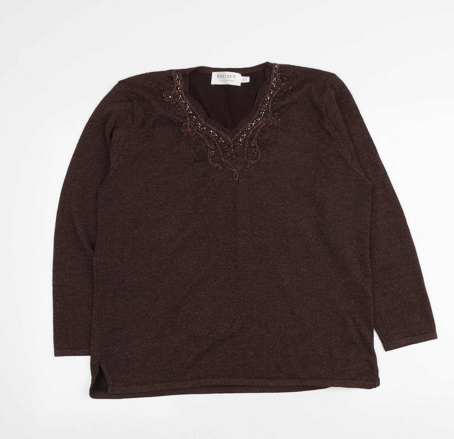 Reflect Womens Brown V-Neck Geometric Acrylic Pullover Jumper Size M