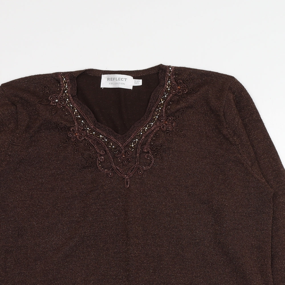Reflect Womens Brown V-Neck Geometric Acrylic Pullover Jumper Size M