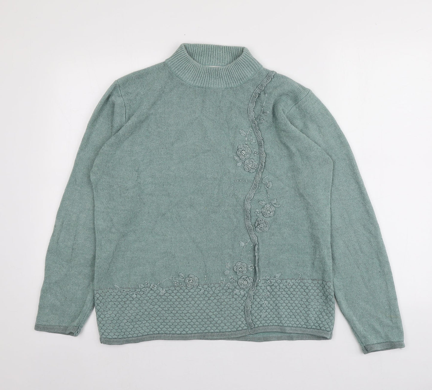 Fay Louise Womens Green High Neck Geometric Acrylic Pullover Jumper Size L