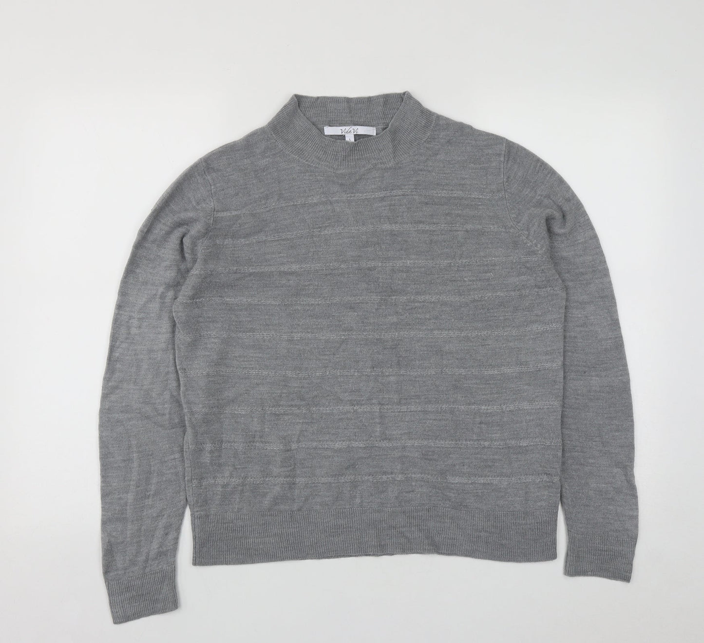 Vida Vi Womens Grey Round Neck Striped Acrylic Pullover Jumper Size L