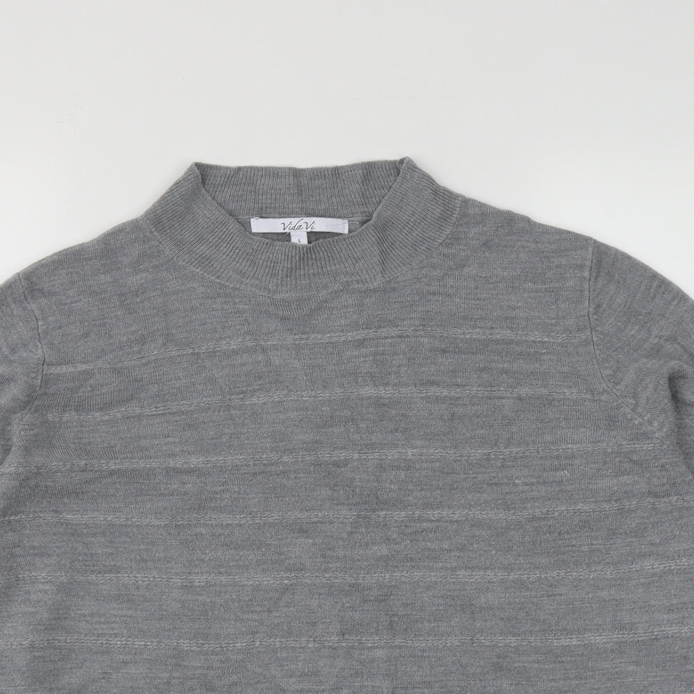 Vida Vi Womens Grey Round Neck Striped Acrylic Pullover Jumper Size L