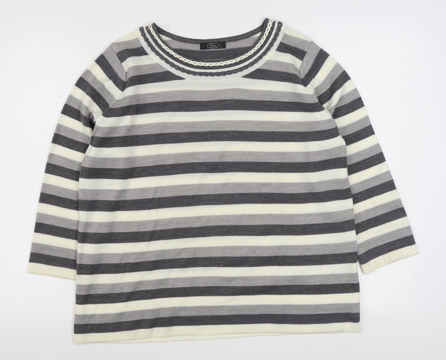BM Womens Grey Round Neck Striped Acrylic Pullover Jumper Size L