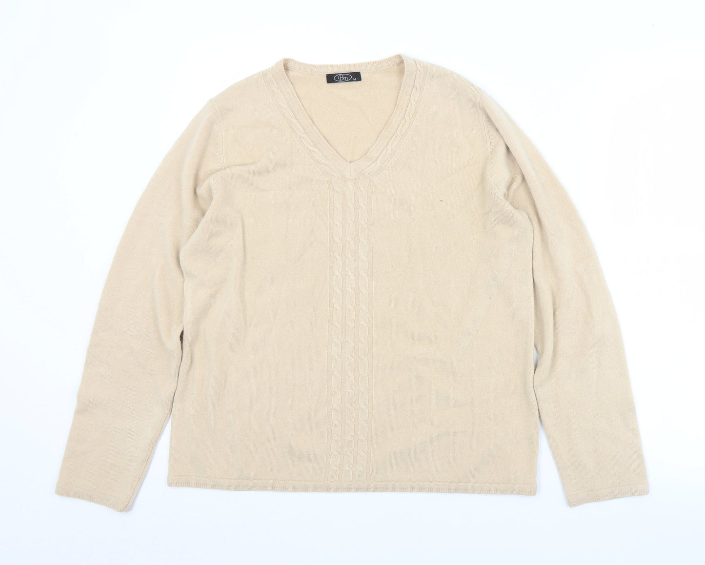 BM Womens Beige V-Neck  Acrylic Pullover Jumper Size M