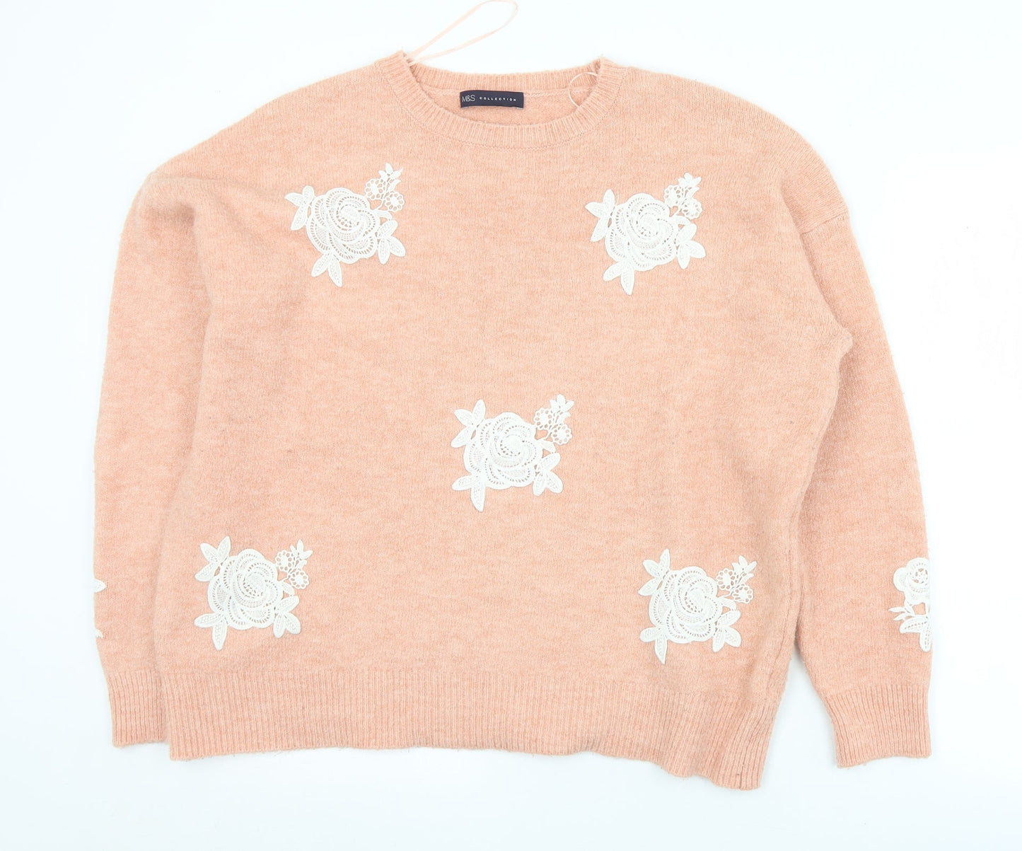 Marks and Spencer Womens Pink Crew Neck Floral Acrylic Pullover Jumper Size L