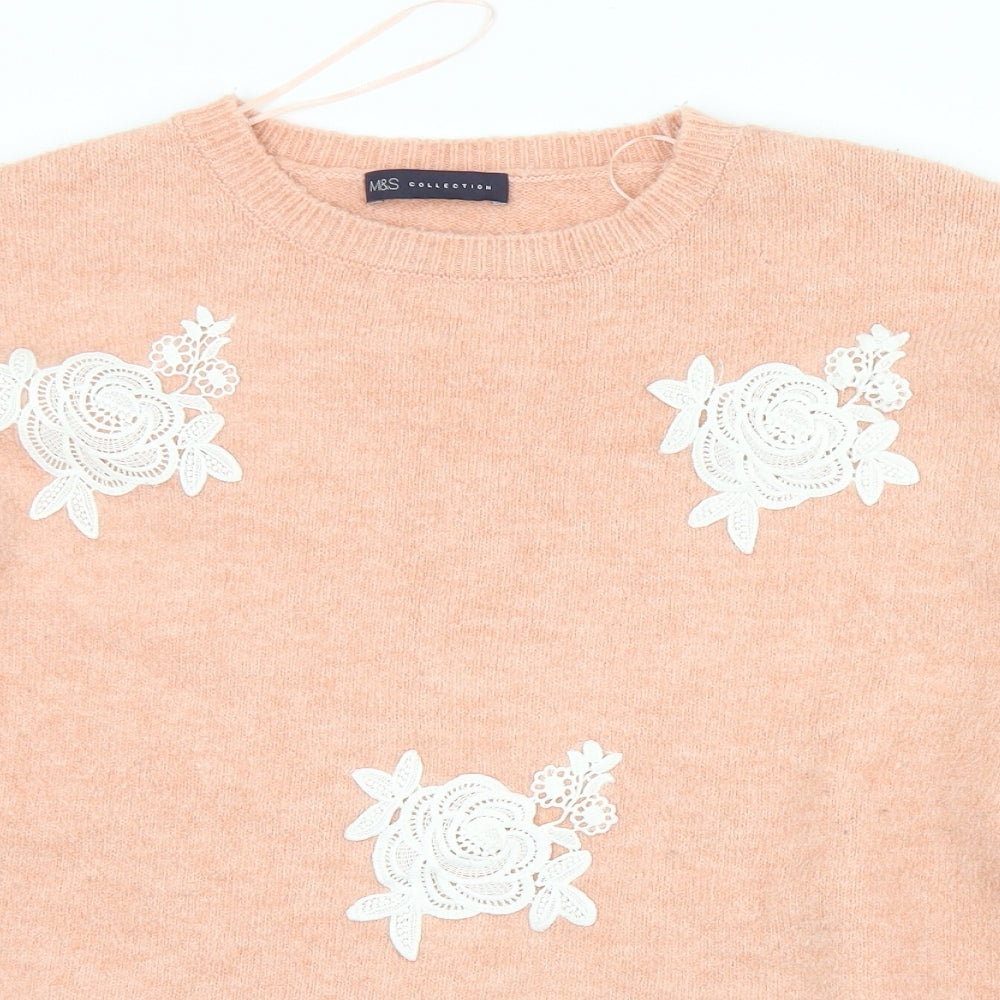 Marks and Spencer Womens Pink Crew Neck Floral Acrylic Pullover Jumper Size L
