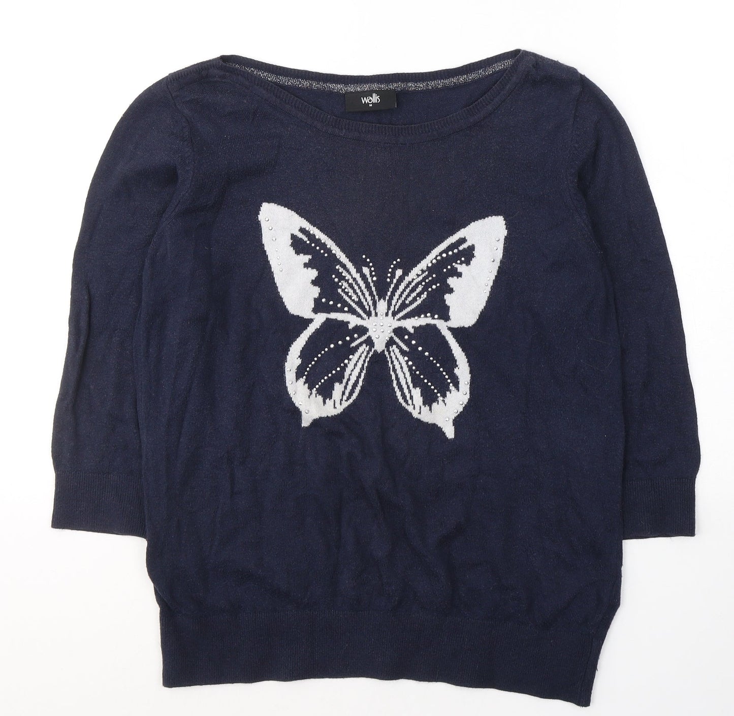 Wallis Womens Blue  Viscose Basic Blouse Size M Round Neck - butterfly