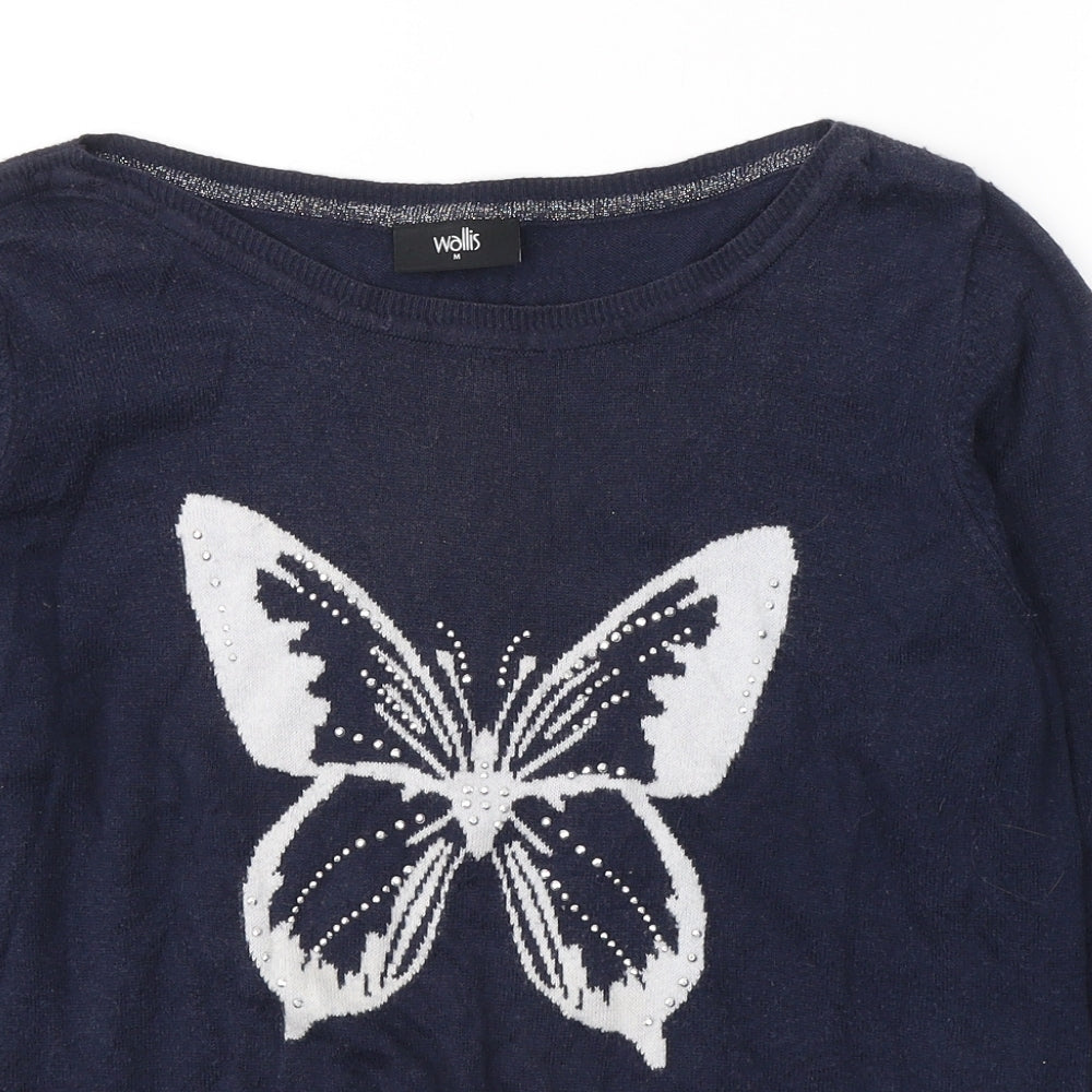 Wallis Womens Blue  Viscose Basic Blouse Size M Round Neck - butterfly