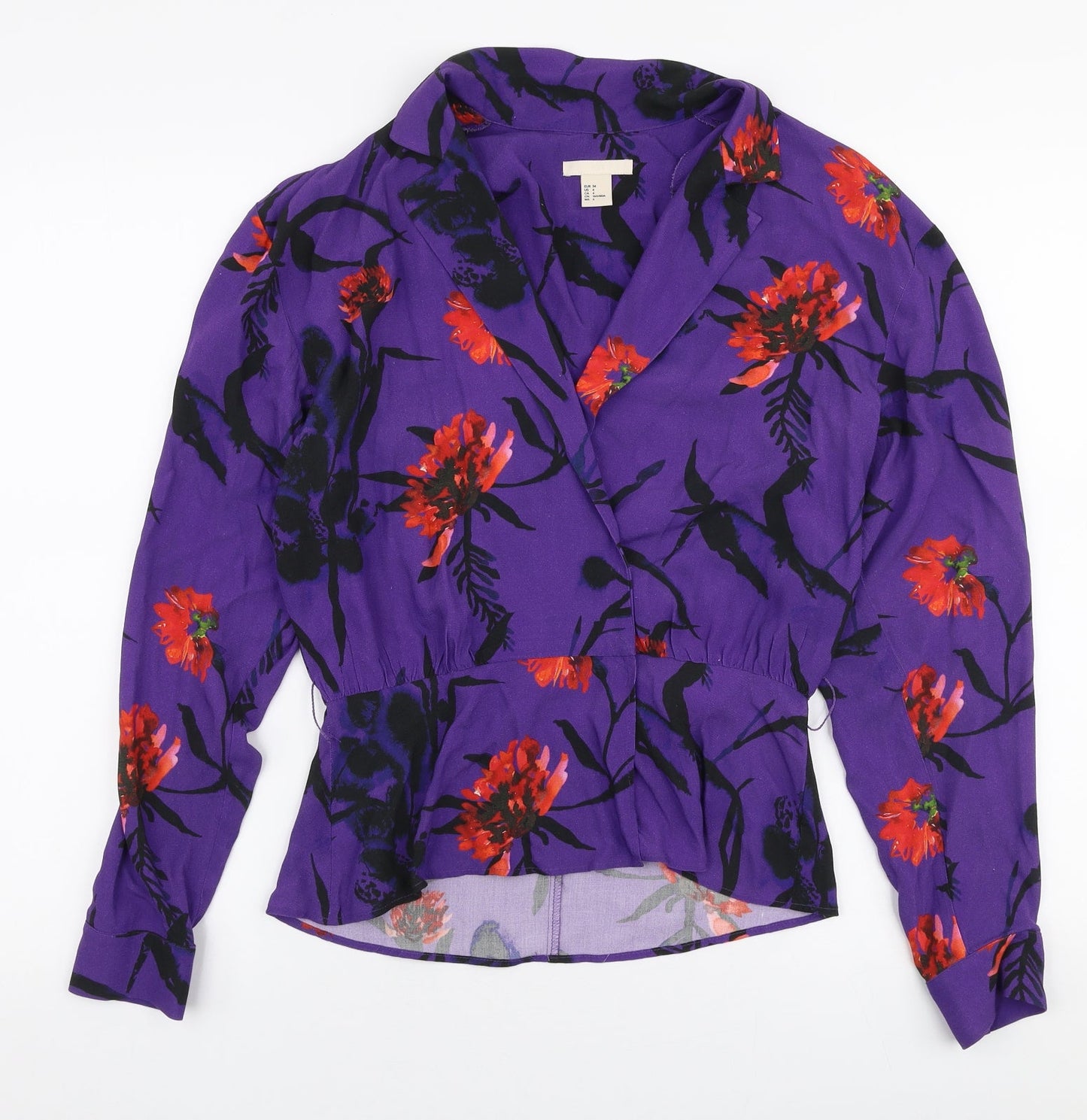 H&M Womens Purple Floral Viscose Basic Blouse Size 6 Collared