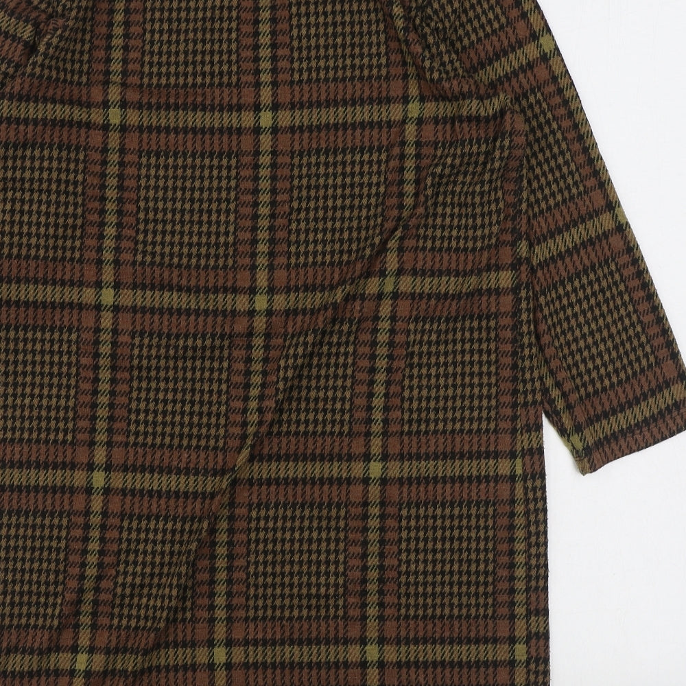 TU Womens Brown Plaid Polyester A-Line  Size 12  Scoop Neck Pullover