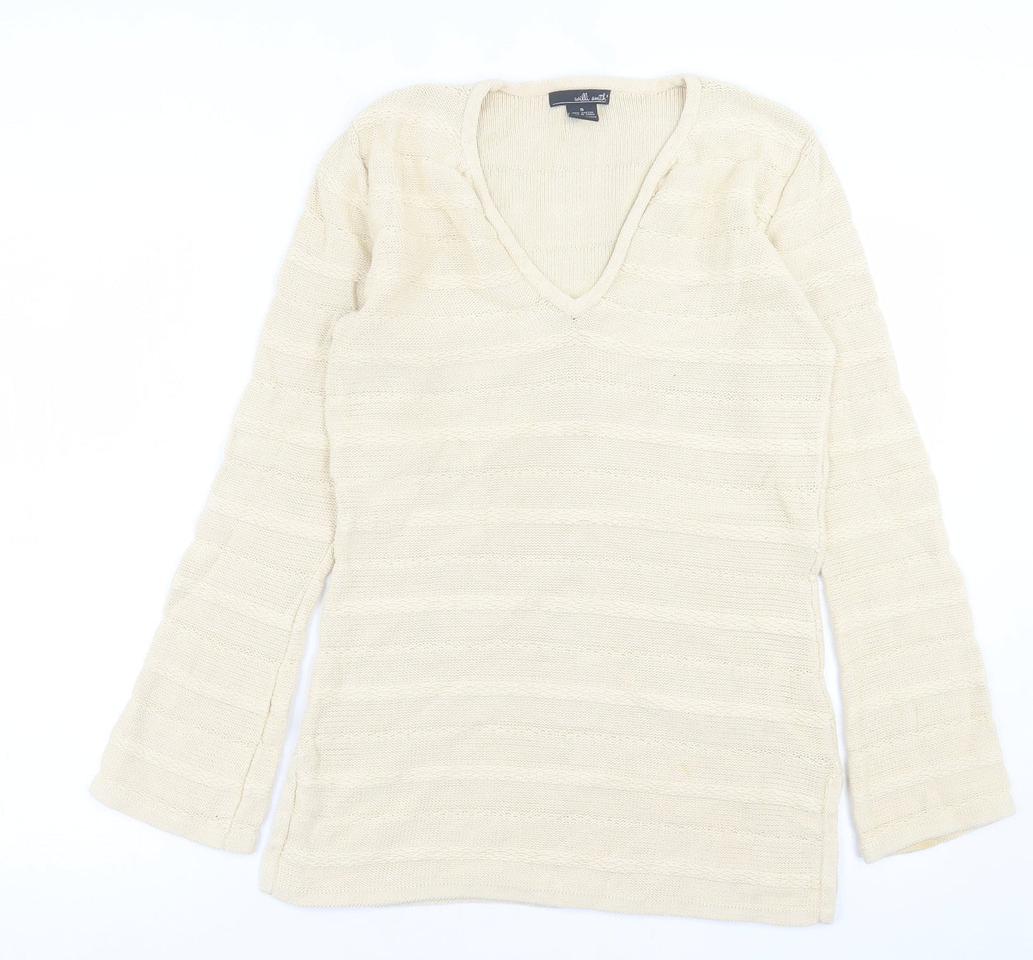 Willi Smith Womens Beige V-Neck  Cotton Pullover Jumper Size S