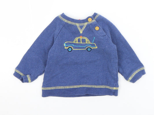 John Lewis Boys Blue  Cotton Pullover Jumper Size 0-3 Months  Button - Car