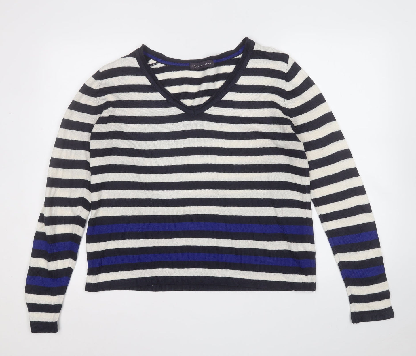 Marks and Spencer Womens Multicoloured V-Neck Striped Acrylic Pullover Jumper Size 14
