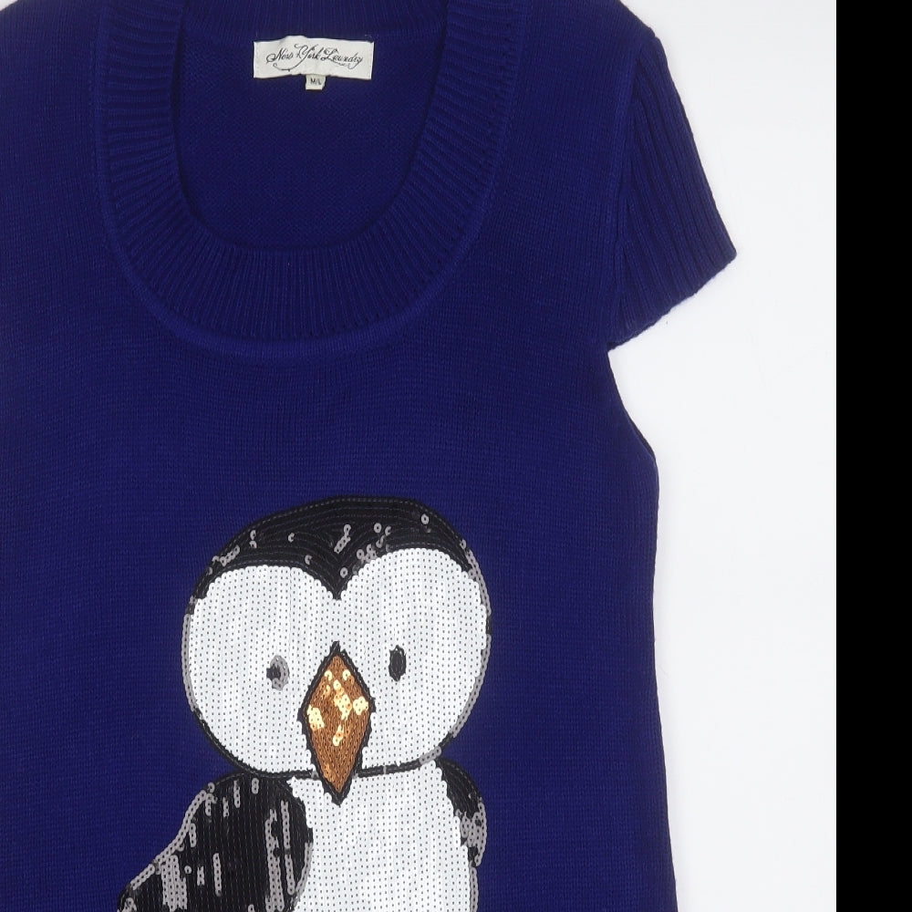 Preworn Womens Blue  Acrylic Pencil Dress  Size M  Round Neck  - Penguin