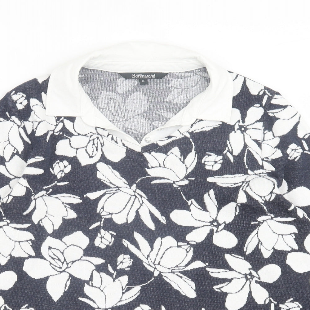 bonmarch Womens Black V-Neck Floral Cotton Pullover Jumper Size 16
