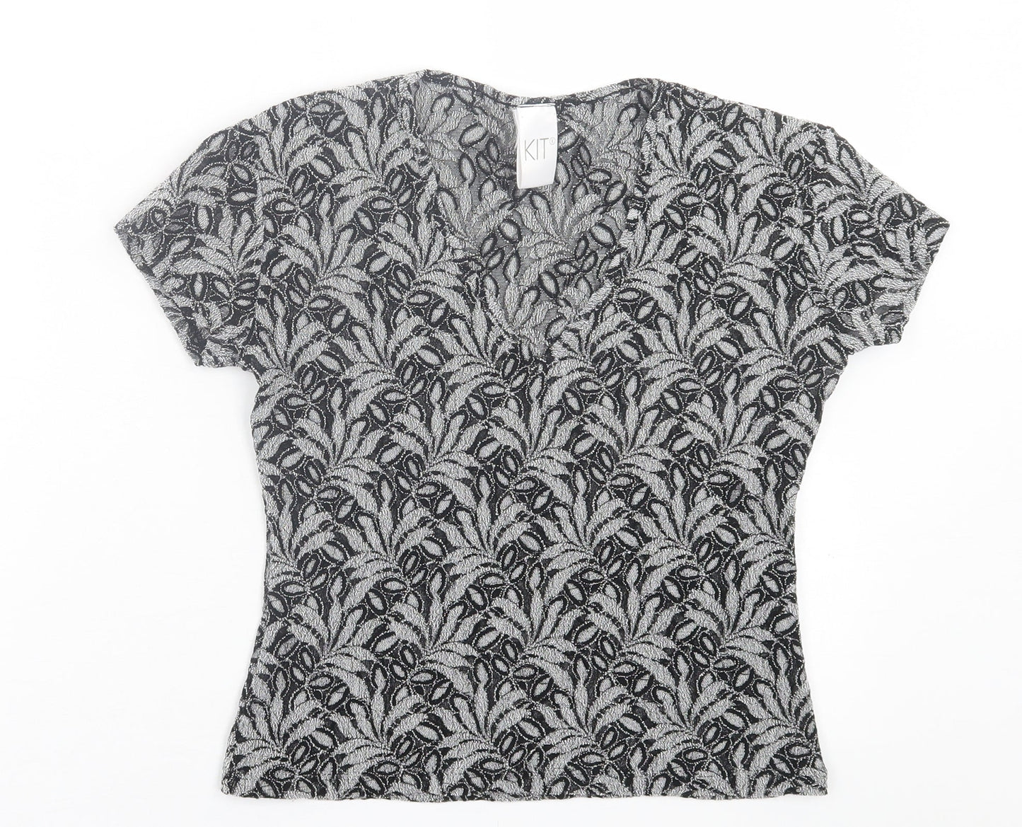 Kit Womens Black Floral Polyamide Cropped T-Shirt Size 12 V-Neck