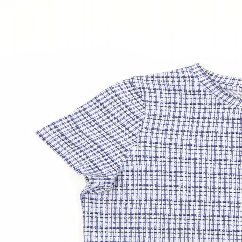 Savida Womens Blue Check Polyester Basic Blouse Size M Crew Neck