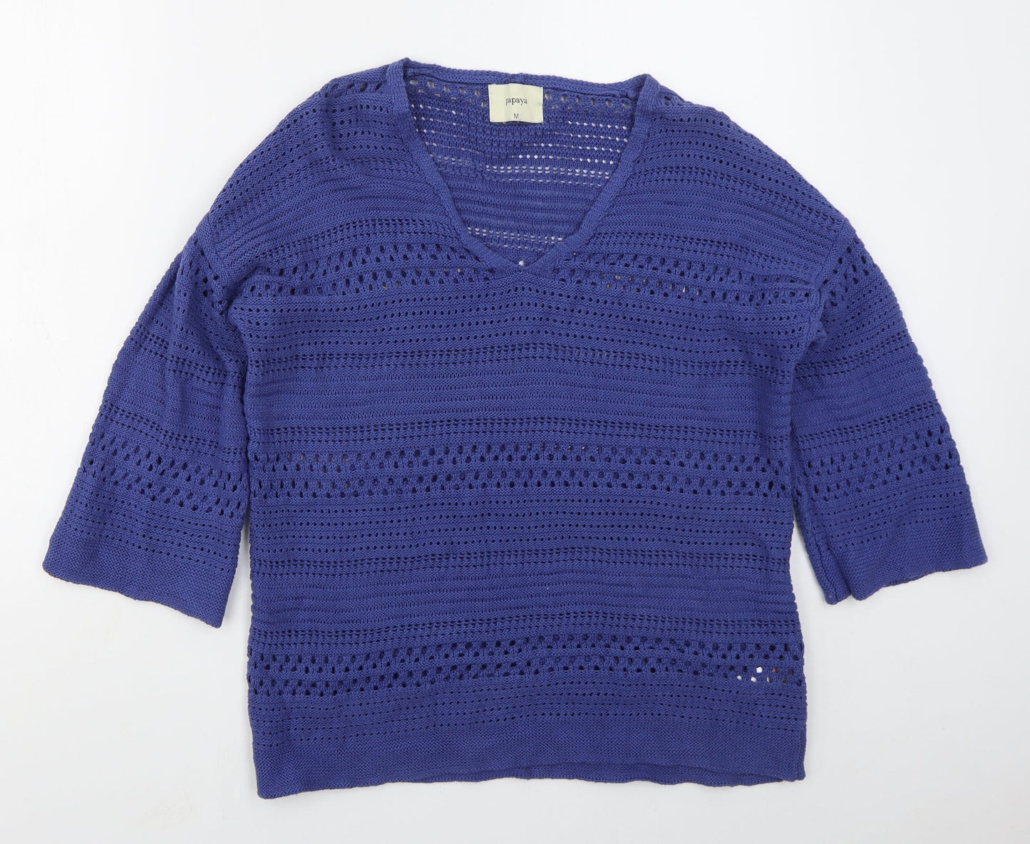 Papaya Womens Blue V-Neck  Cotton Pullover Jumper Size M