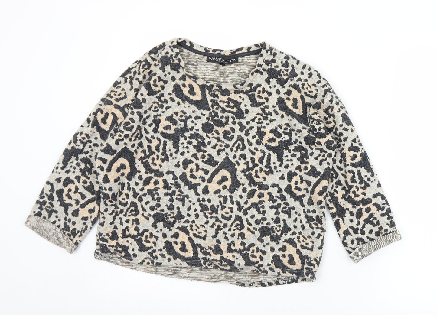 Topshop Womens Grey Animal Print Cotton Jersey T-Shirt Size 10 Round Neck