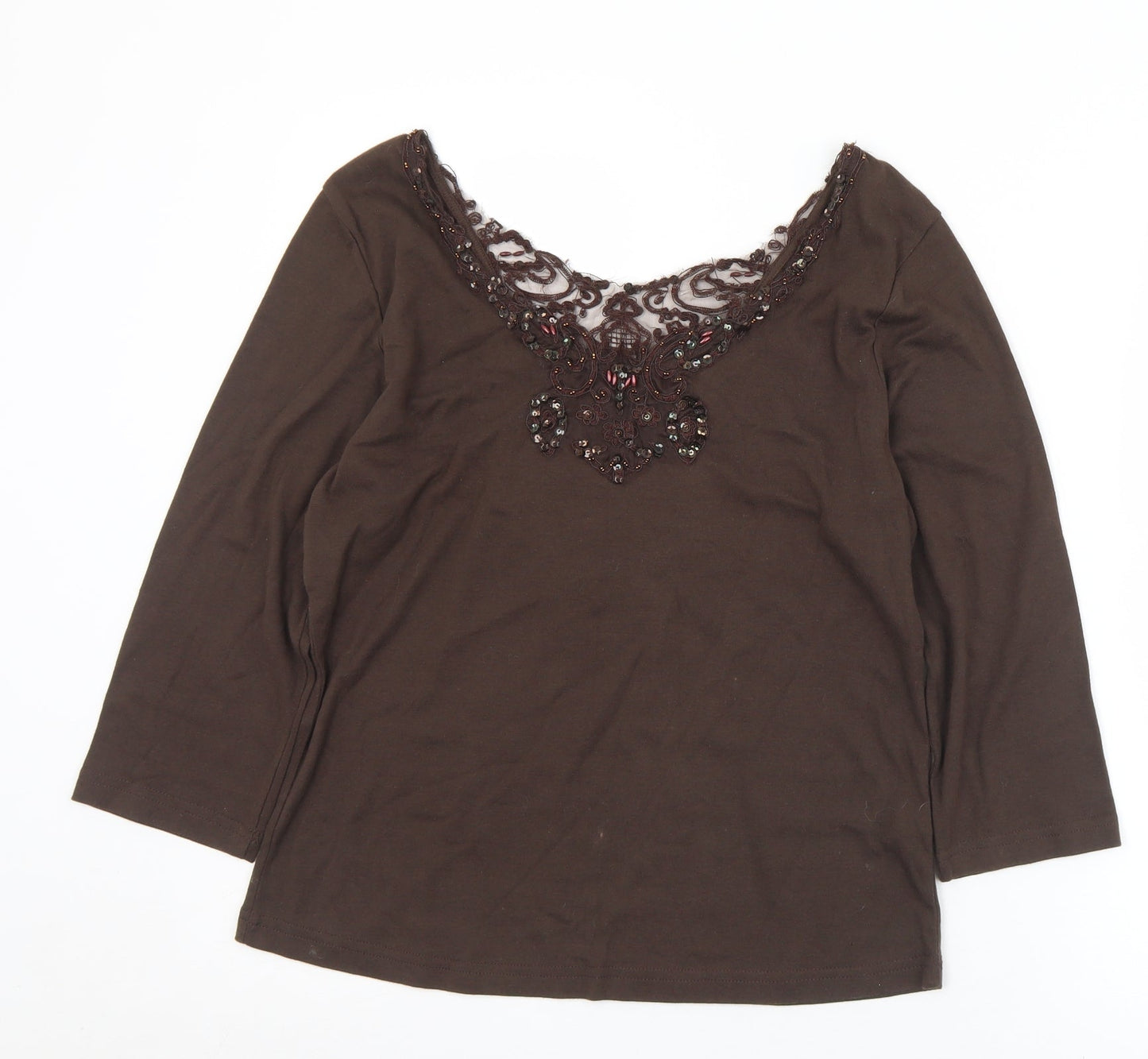 Joanna Hope Womens Brown  Cotton Basic T-Shirt Size 14 Scoop Neck - Sequin detail