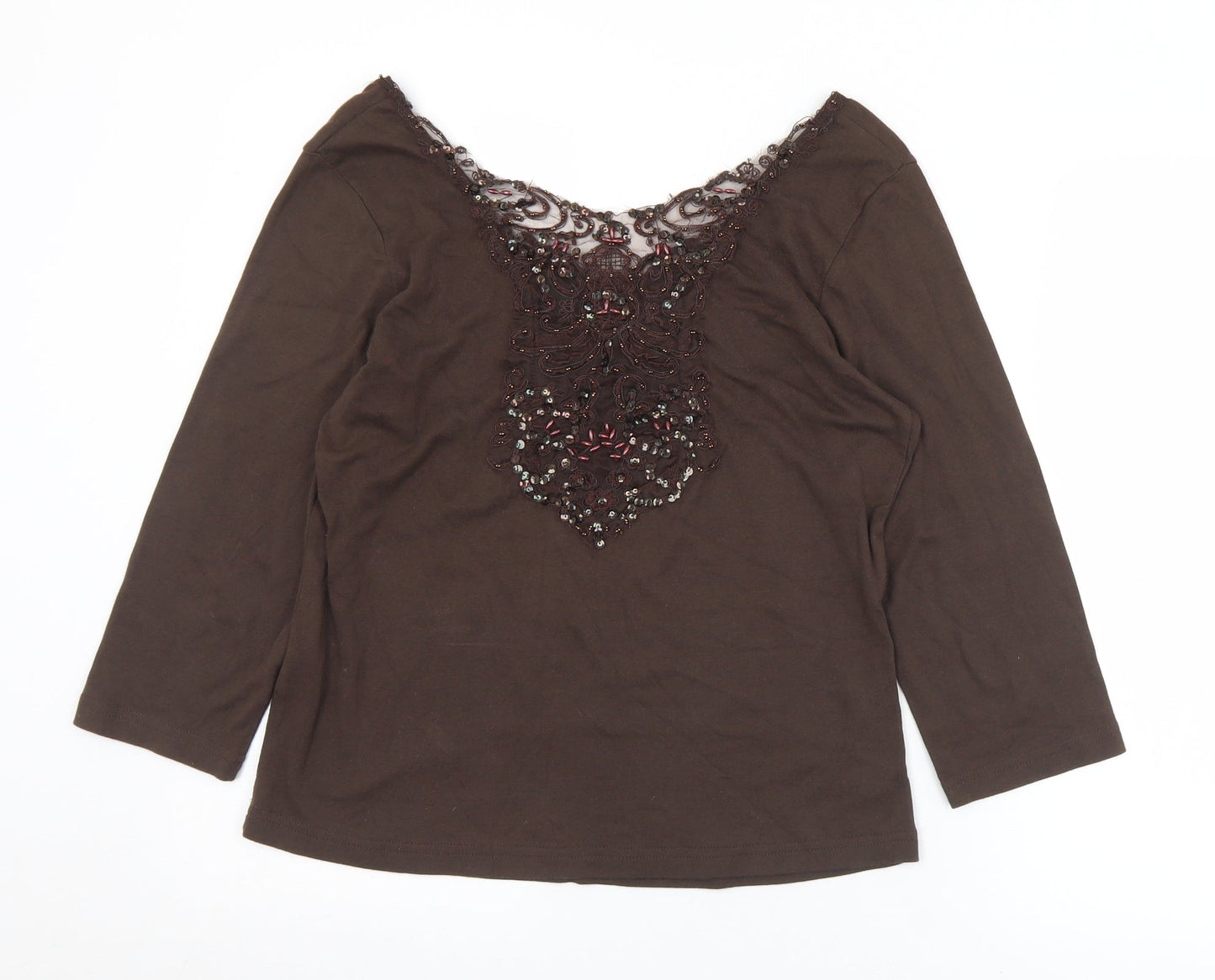 Joanna Hope Womens Brown  Cotton Basic T-Shirt Size 14 Scoop Neck - Sequin detail