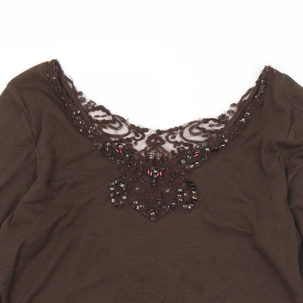 Joanna Hope Womens Brown  Cotton Basic T-Shirt Size 14 Scoop Neck - Sequin detail