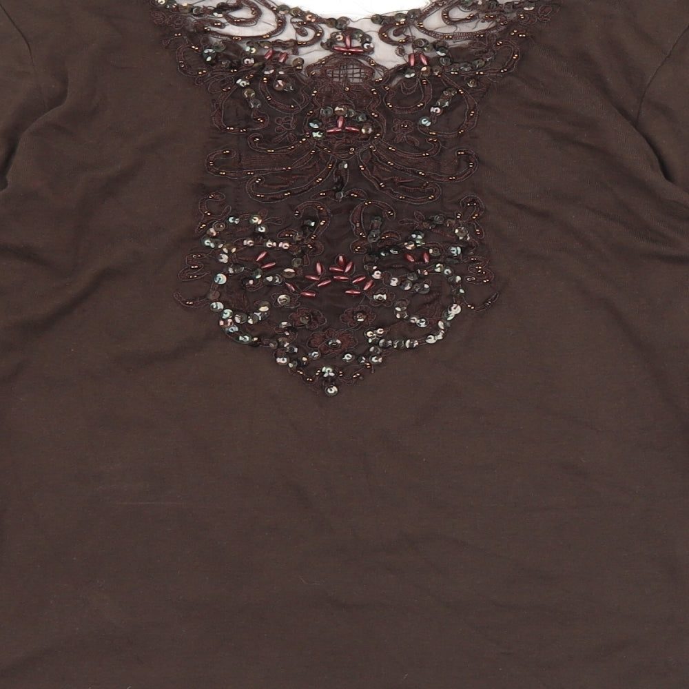 Joanna Hope Womens Brown  Cotton Basic T-Shirt Size 14 Scoop Neck - Sequin detail