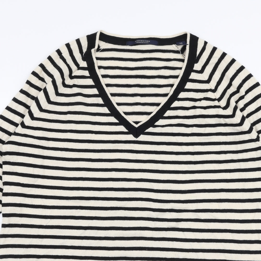 Scotch & Soda Womens Ivory V-Neck Striped Cotton Pullover Jumper Size L