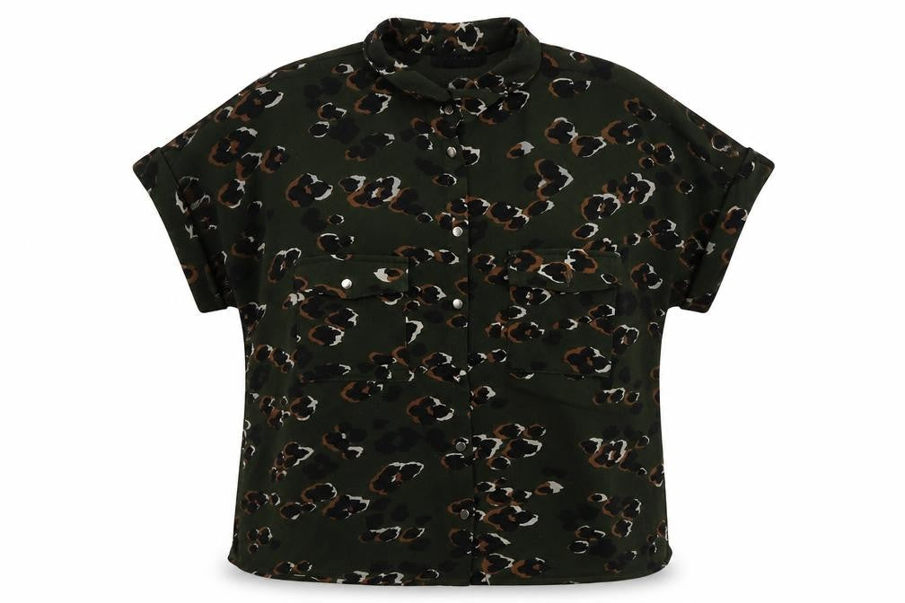 New Look Womens Green Animal Print Polyester Basic Button-Up Size 8 Collared