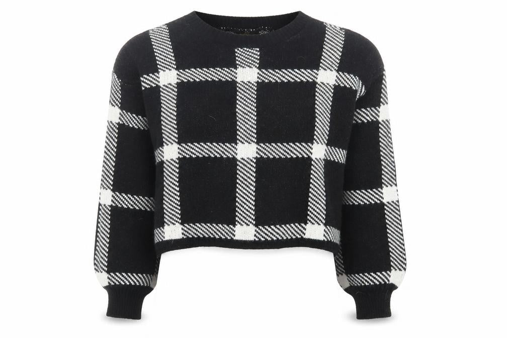 JENERIQUE Womens Black Crew Neck Check Acrylic Pullover Jumper Size L