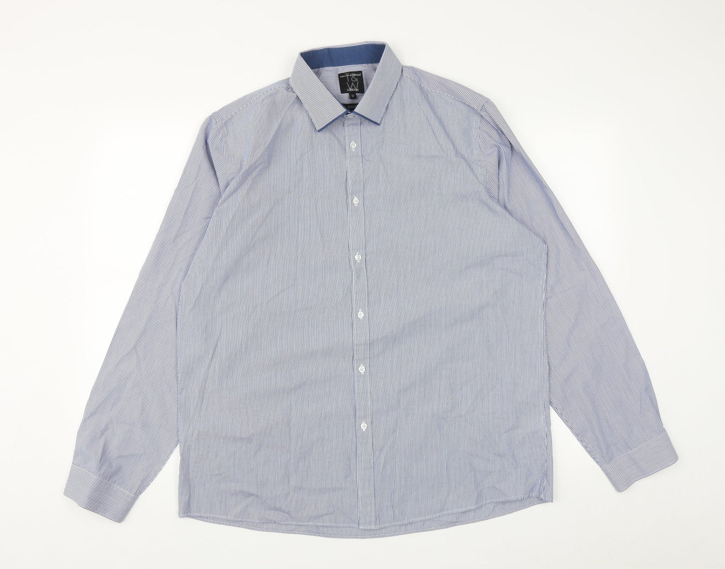 Taylor & Wright Mens Blue Striped Cotton  Button-Up Size 17 Collared Button