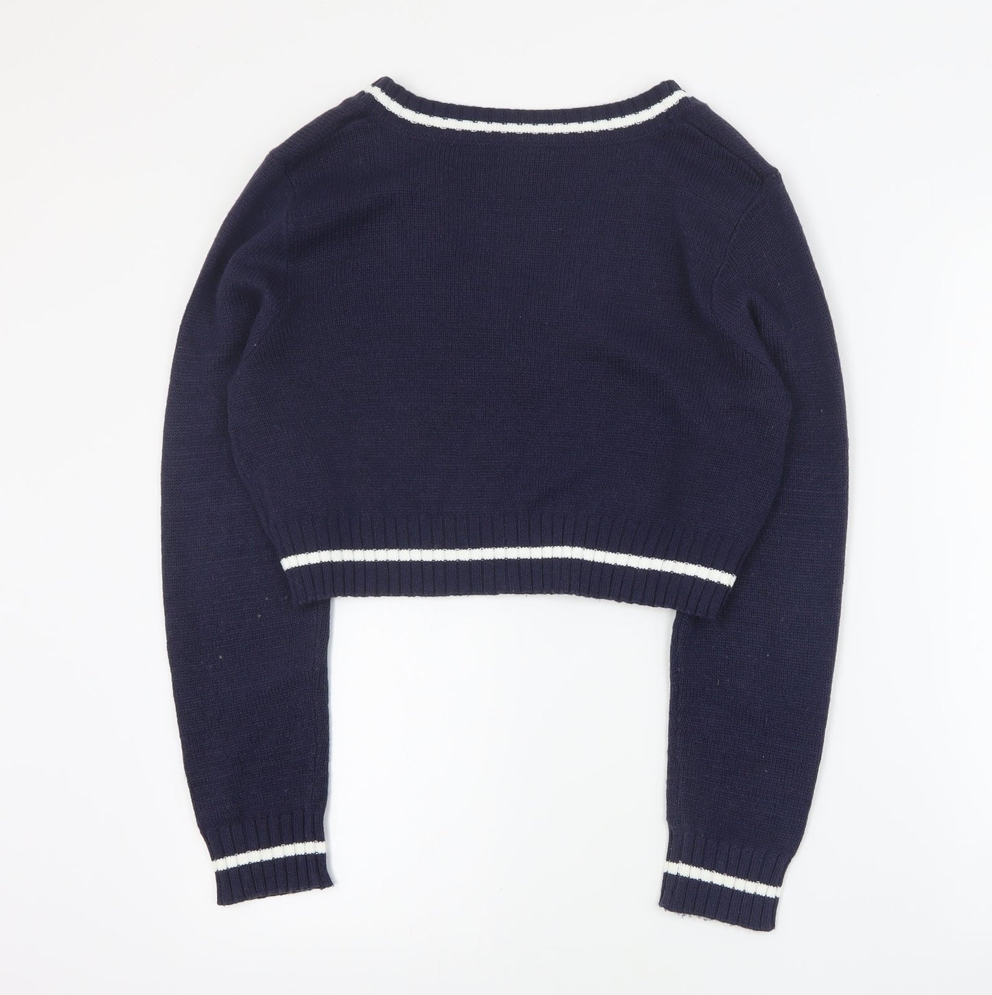 H&M Womens Blue V-Neck  Acrylic Pullover Jumper Size L   - Cropped