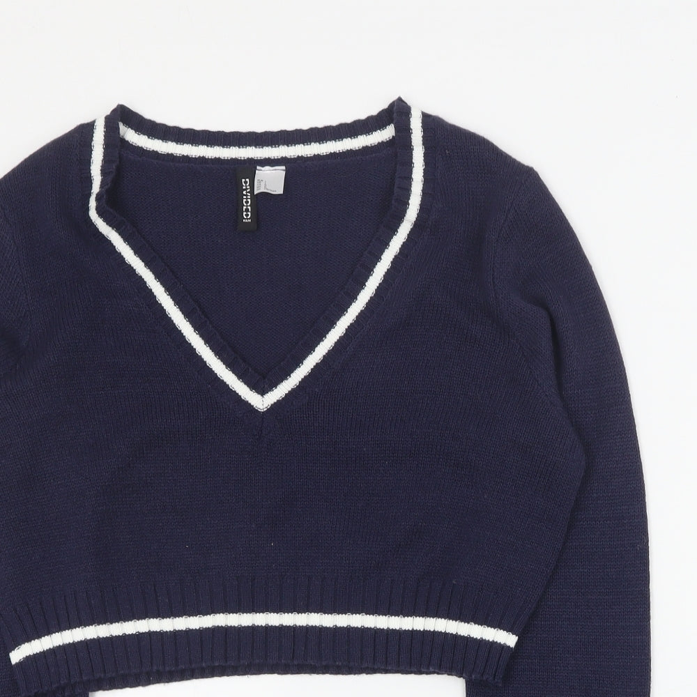 H&M Womens Blue V-Neck  Acrylic Pullover Jumper Size L   - Cropped