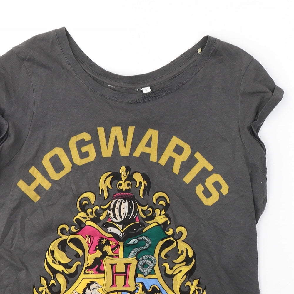 New Look Womens Grey  Cotton Basic T-Shirt Size 10 Round Neck - Hogwarts