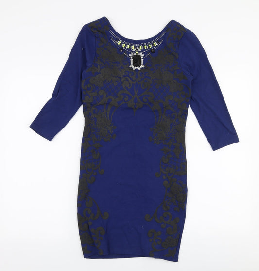 River Island Womens Blue Floral Cotton Bodycon  Size 10  Round Neck Pullover