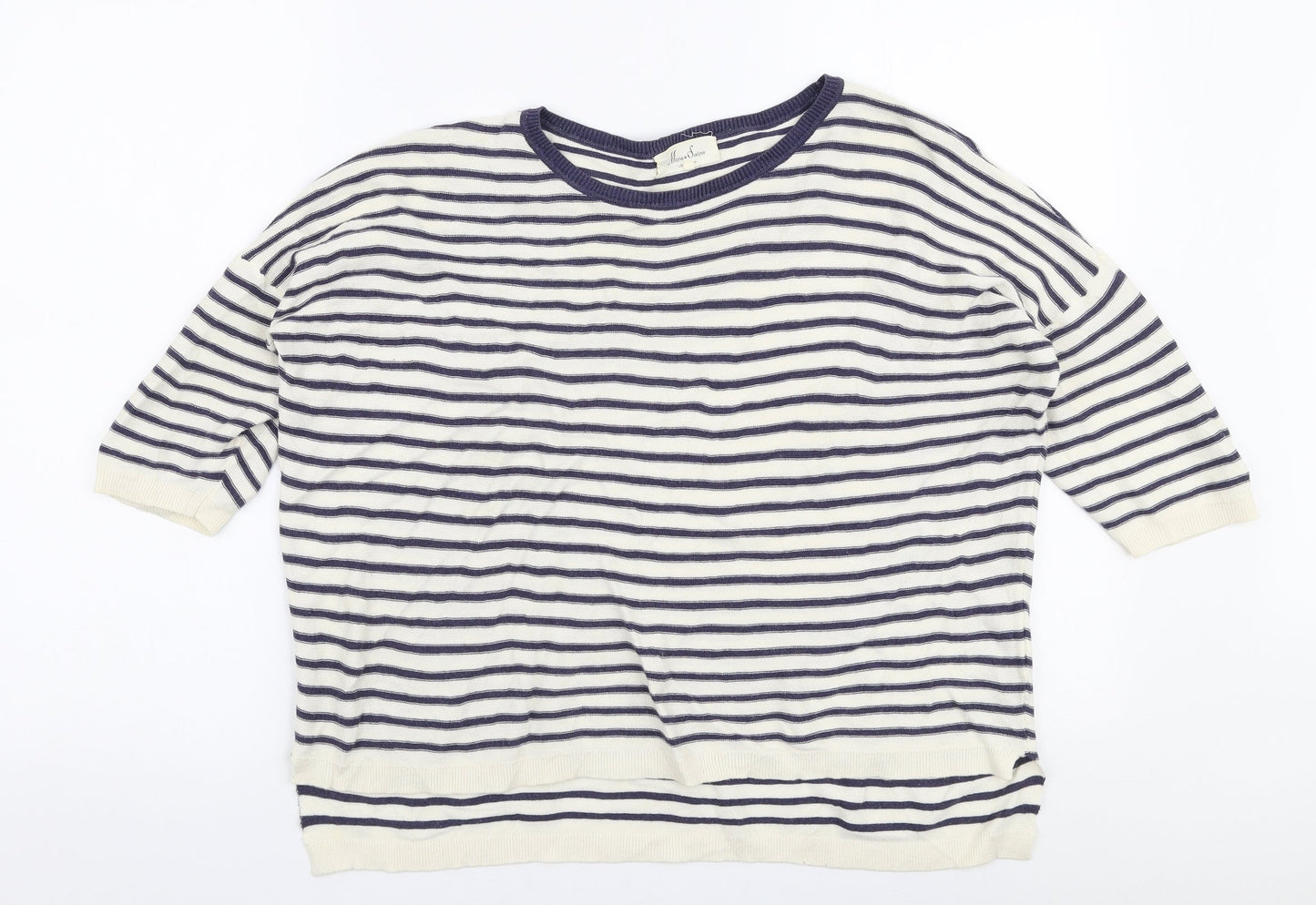 Marie Sixtine Womens White Round Neck Striped Cotton Pullover Jumper Size S