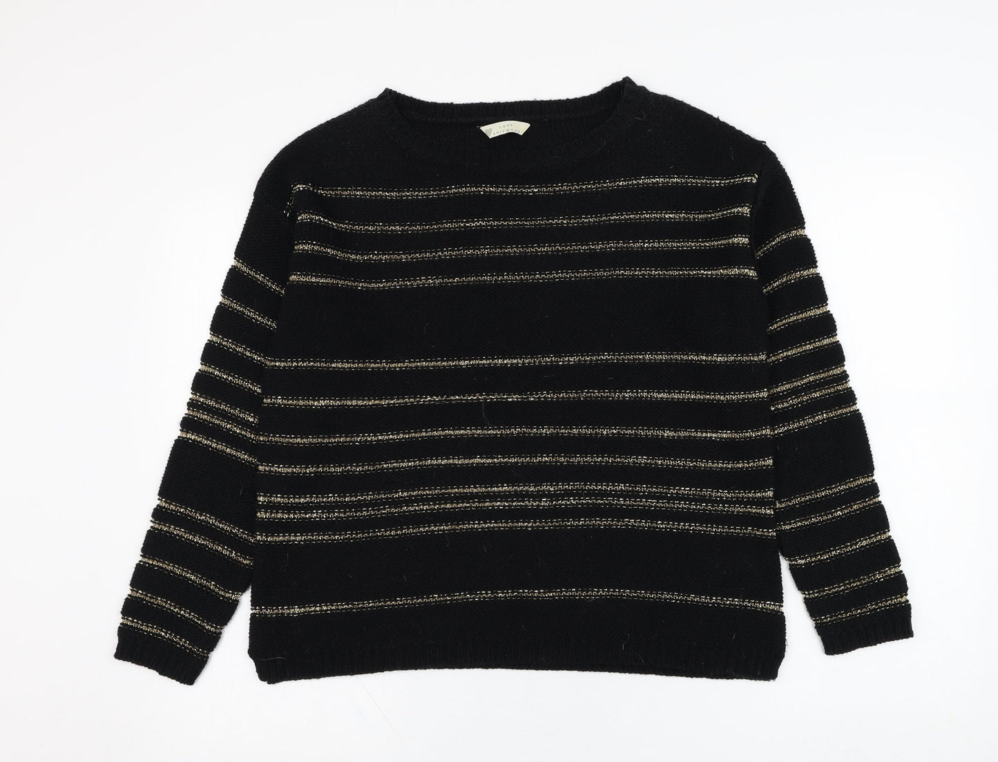 BHS Womens Black Round Neck Striped Acrylic Pullover Jumper Size 14