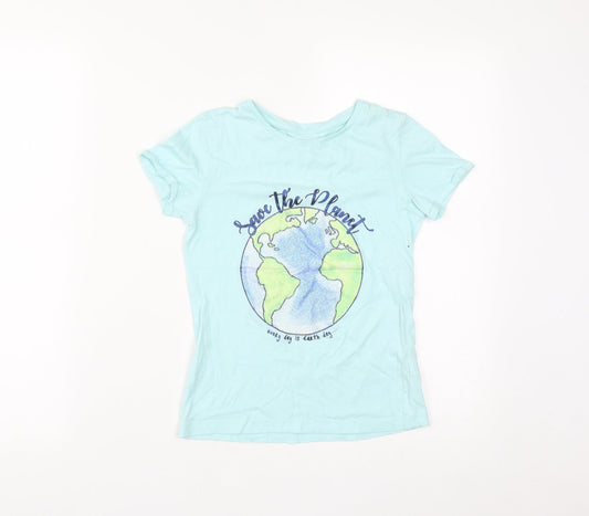 Dunnes Girls Green  Cotton Basic T-Shirt Size 8 Years Round Neck  - Save the Planet