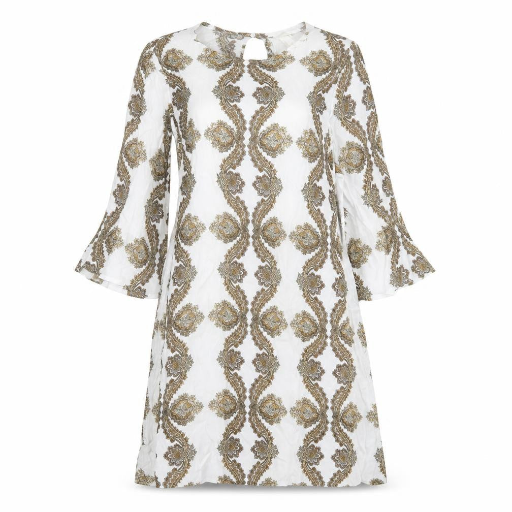 H&M Womens White Geometric Viscose A-Line  Size 8  Crew Neck Button
