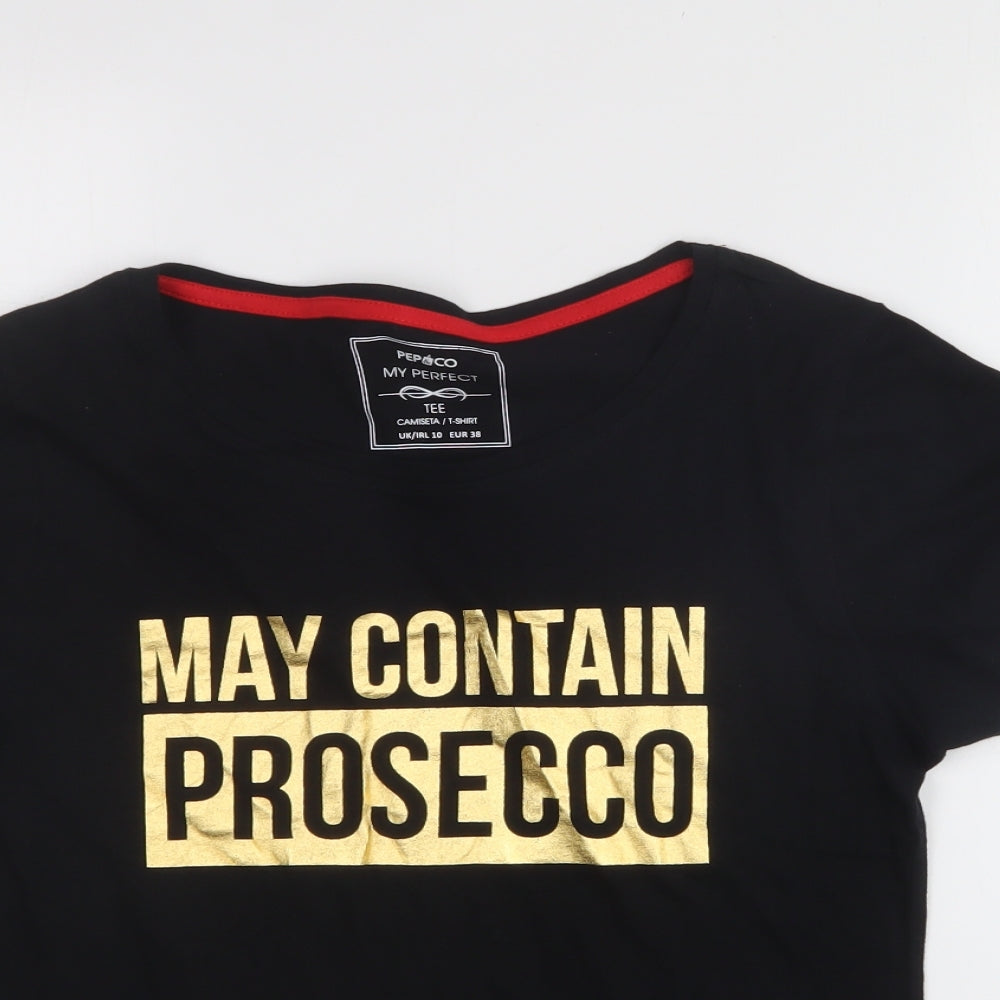 Pep & co  Womens Black  Cotton Basic T-Shirt Size 10 Crew Neck - Prosecco