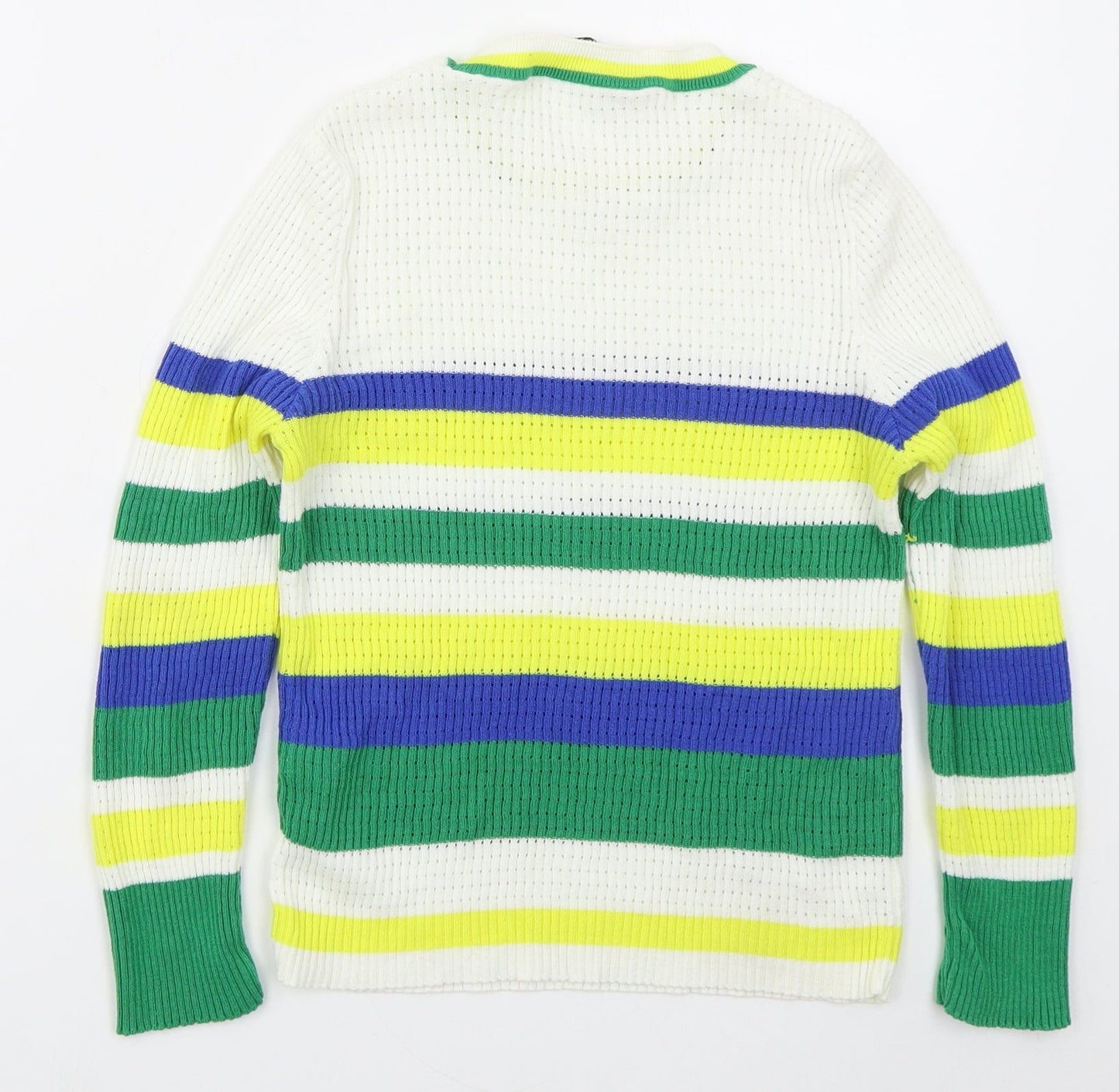 Stradivarius Womens White Crew Neck Striped Cotton Shrug Jumper Size M   - Green and Yellow